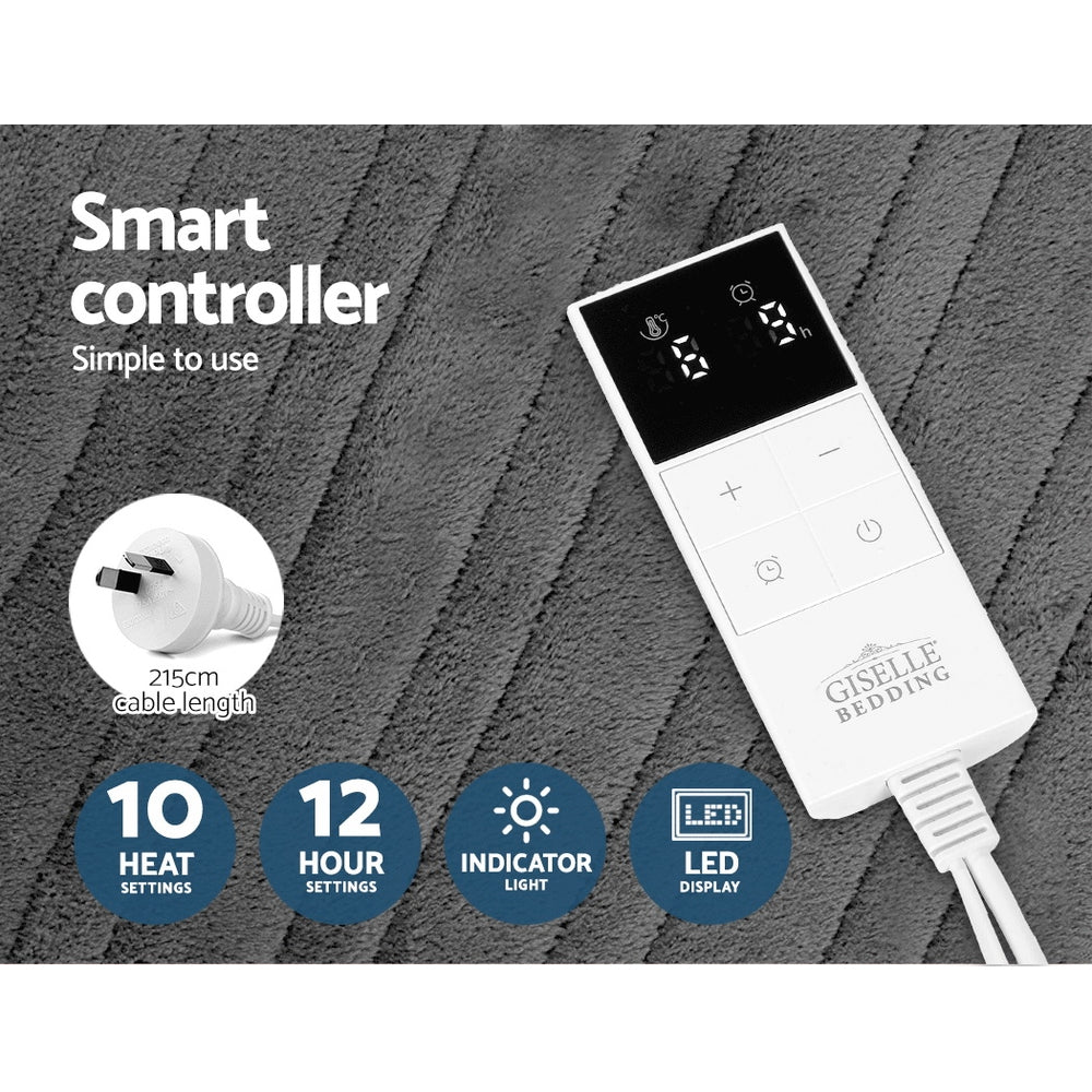 Giselle Bedding Heated Electric Throw Fleece Sunggle Blanket Washable Silver