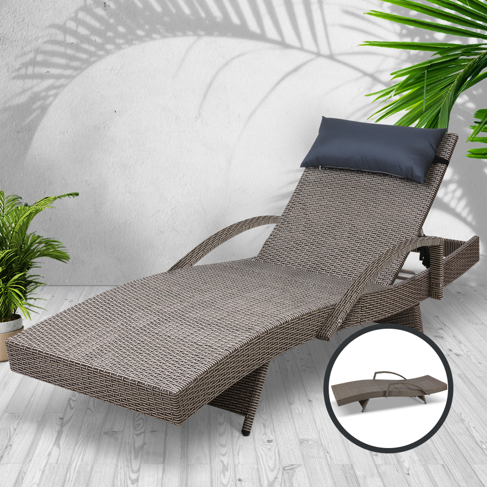 Gardeon Sun Lounge Wicker Outdoor Furniture Beach Adjustable Grey&Beige