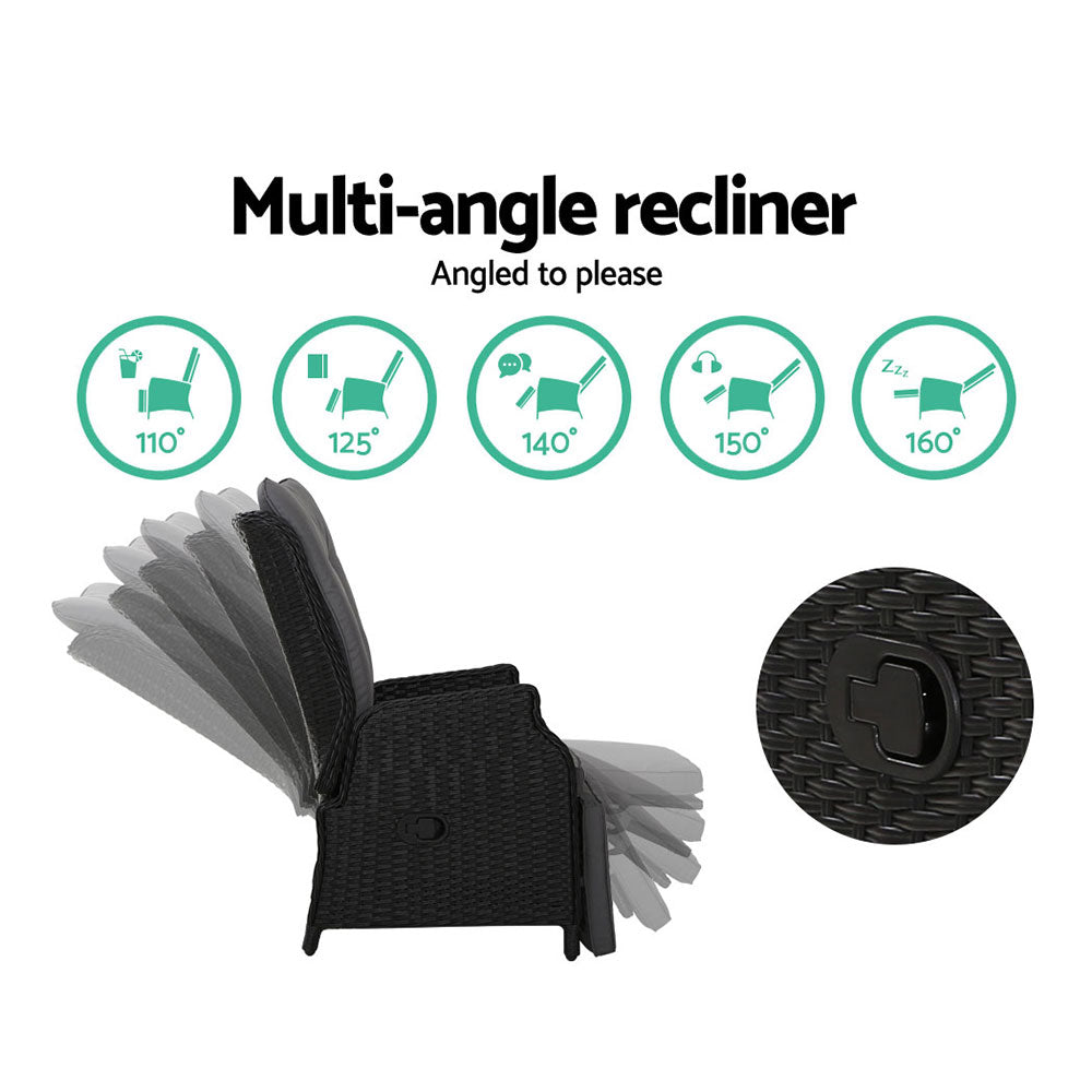 Gardeon 3PC Table Sun lounge Outdoor Furniture Wicker Adjustable Black