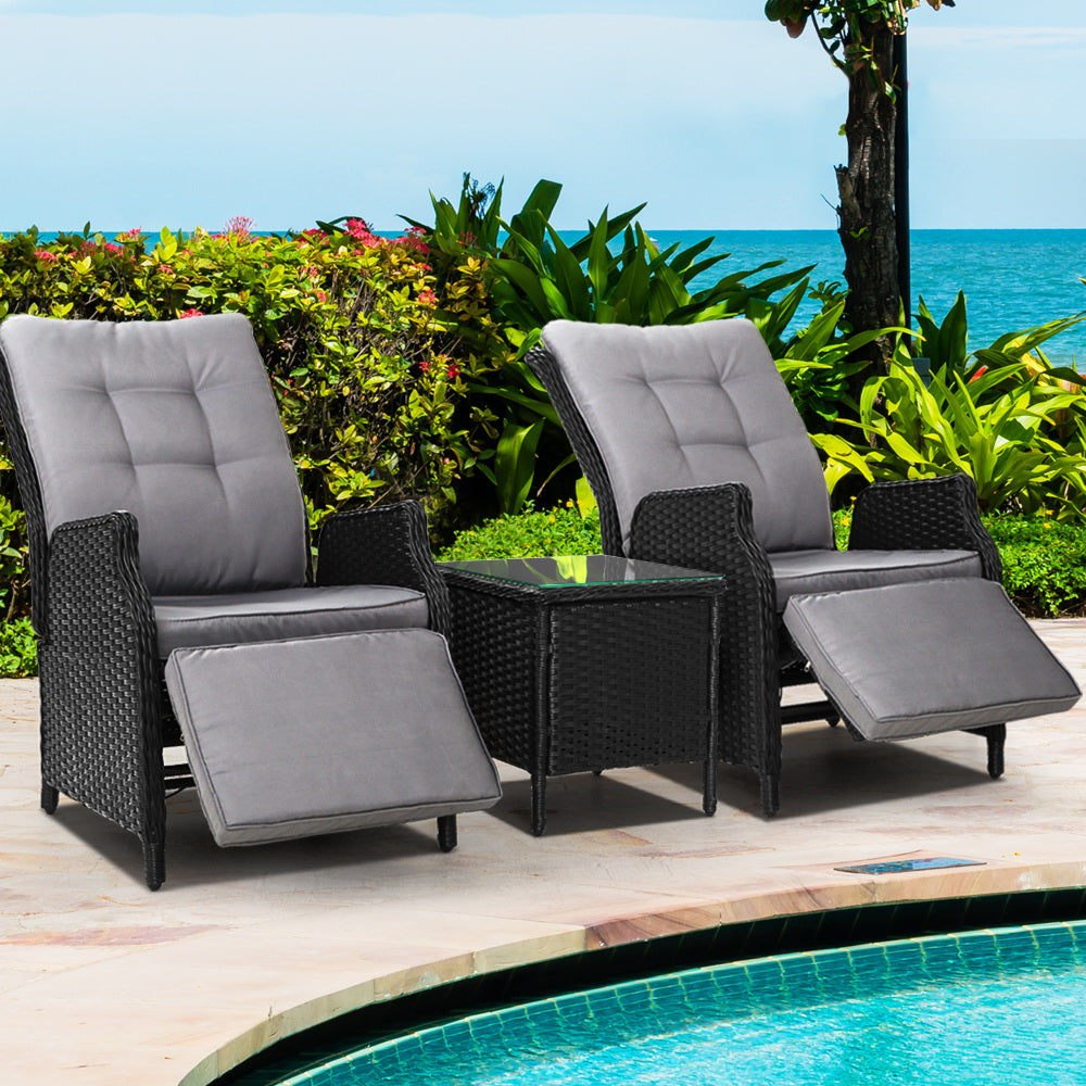 Gardeon 3PC Table Sun lounge Outdoor Furniture Wicker Adjustable Black