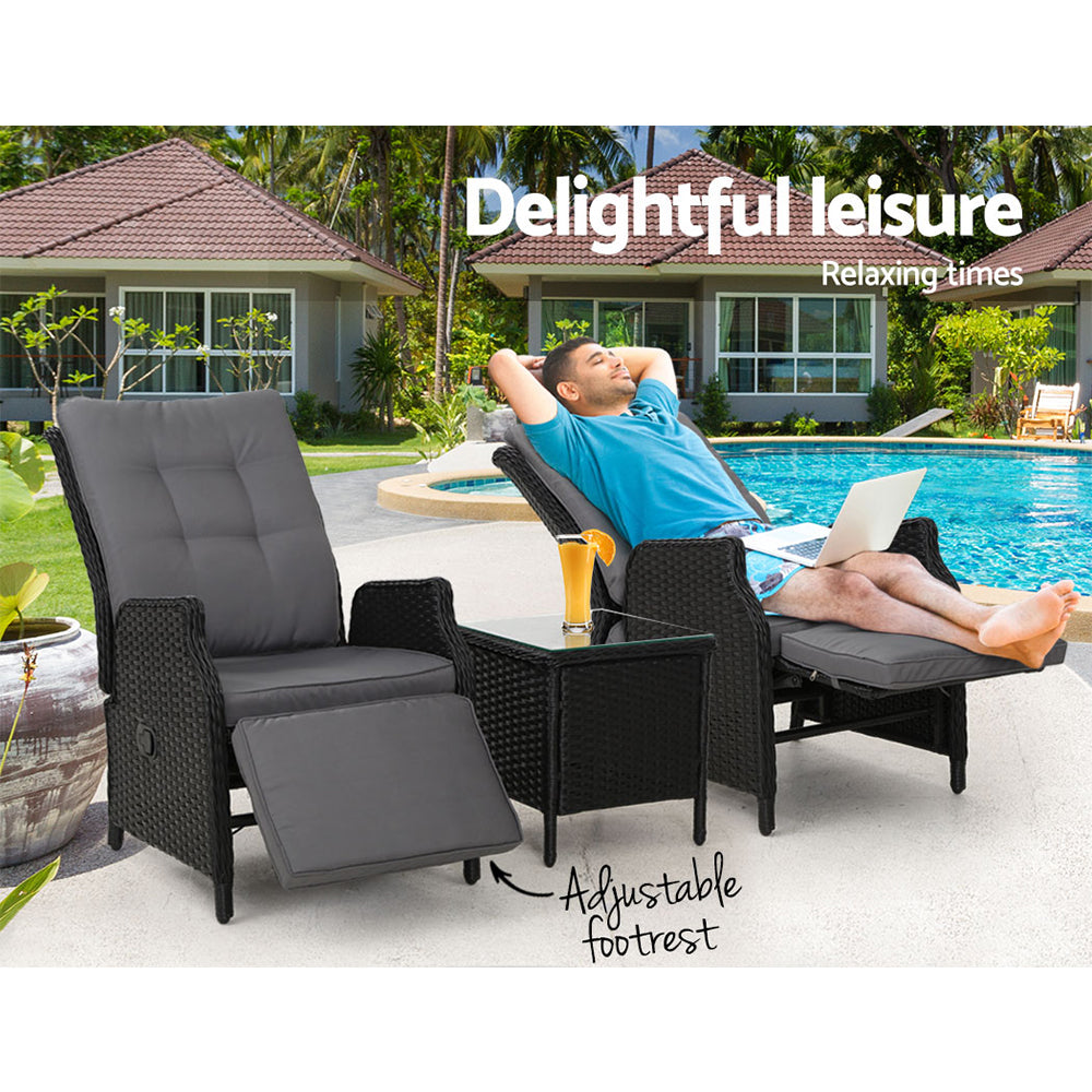 Gardeon 3PC Table Sun lounge Outdoor Furniture Wicker Adjustable Black