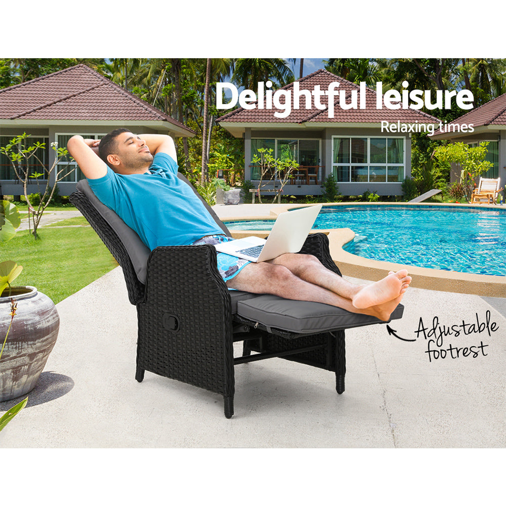 Gardeon Sun lounge Wicker Lounger Outdoor Furniture Patio Adjustable Black