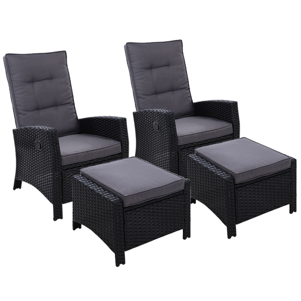 Gardeon 2PC Sun lounge Wicker Lounger Outdoor Furniture Adjustable Black