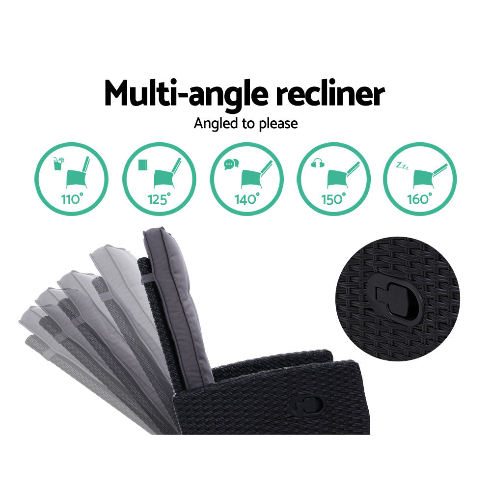 Gardeon 2PC Sun lounge Wicker Lounger Outdoor Furniture Adjustable Black