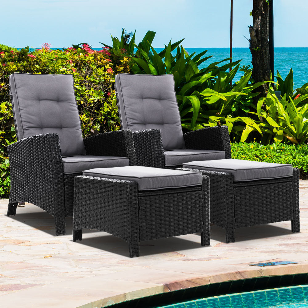 Gardeon 2PC Sun lounge Wicker Lounger Outdoor Furniture Adjustable Black