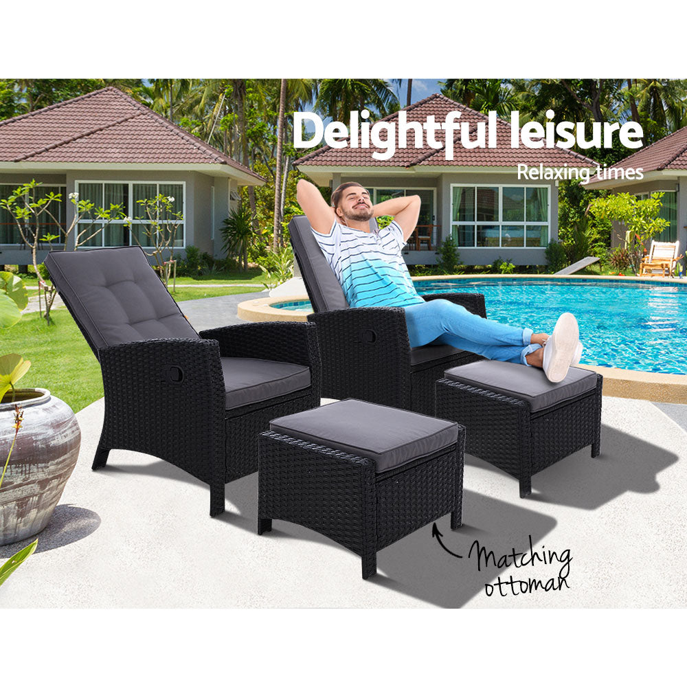 Gardeon 2PC Sun lounge Wicker Lounger Outdoor Furniture Adjustable Black