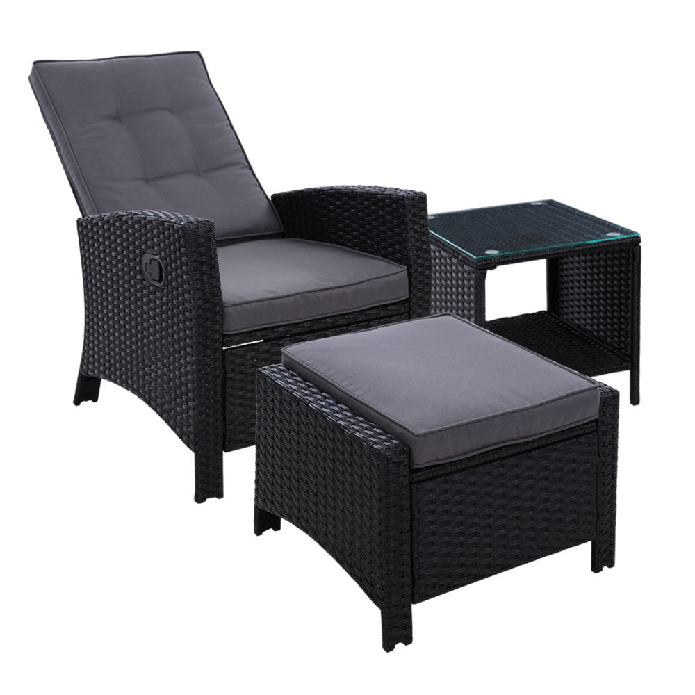 Gardeon 3PC Table + Sun lounge Wicker Outdoor Furniture Adjustable Black