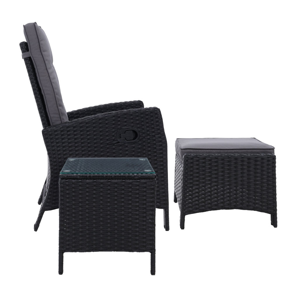 Gardeon 3PC Table + Sun lounge Wicker Outdoor Furniture Adjustable Black