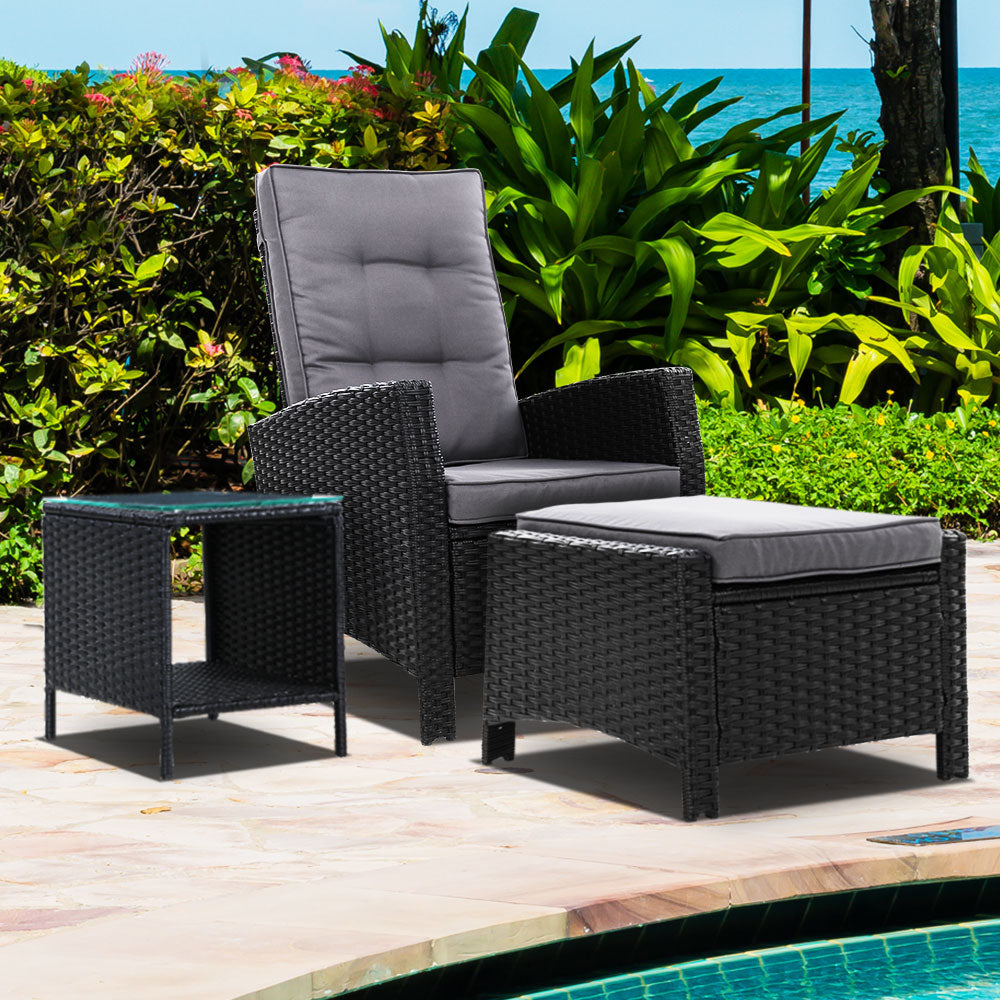 Gardeon 3PC Table + Sun lounge Wicker Outdoor Furniture Adjustable Black