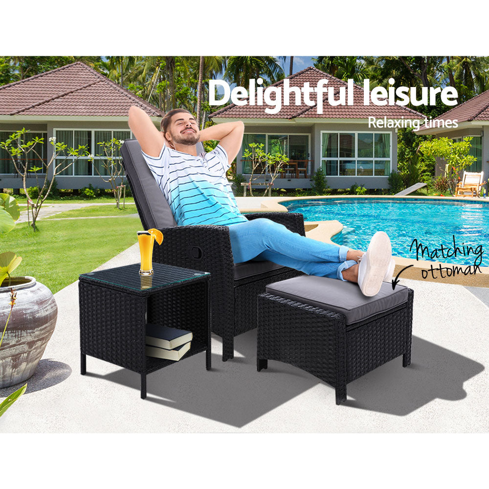Gardeon 3PC Table + Sun lounge Wicker Outdoor Furniture Adjustable Black