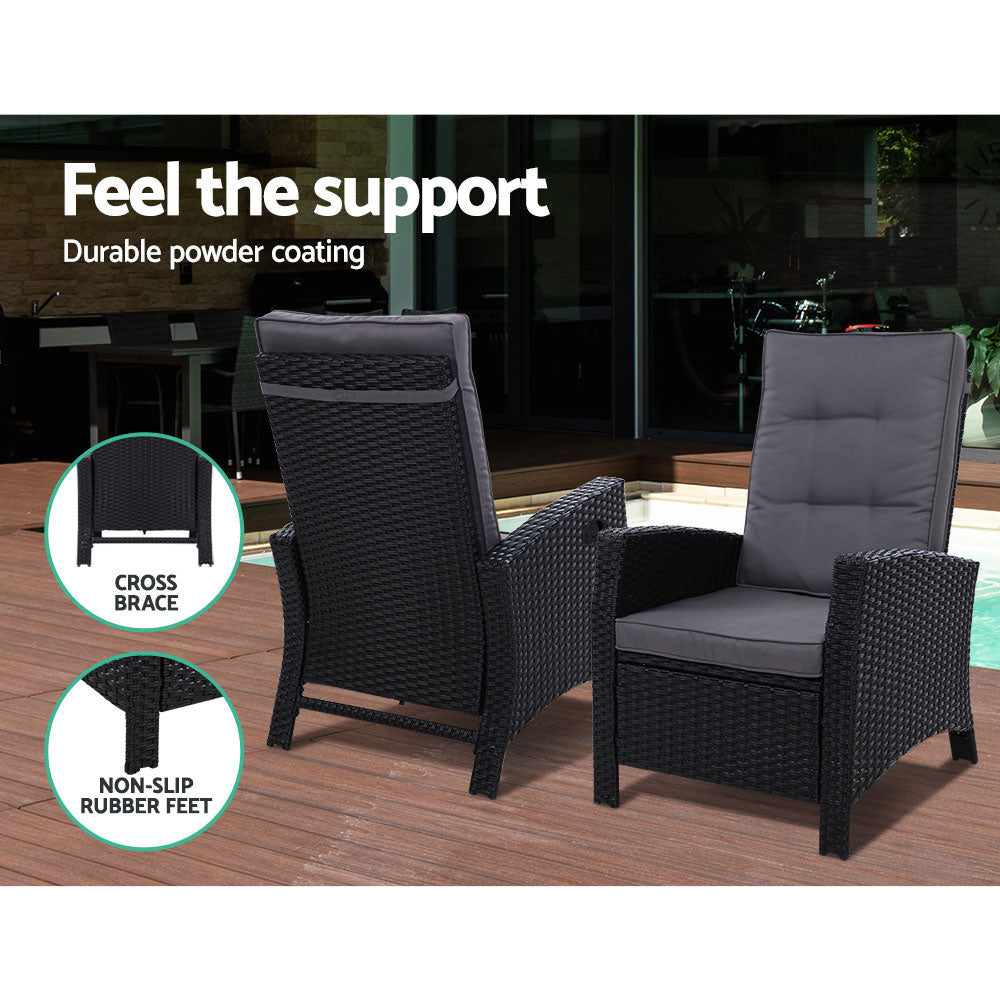 Gardeon 3PC Table + Sun lounge Wicker Outdoor Furniture Adjustable Black
