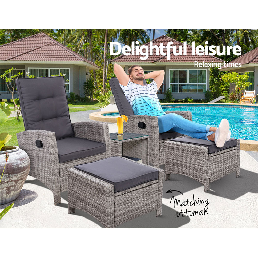Gardeon 5PC Table Sun lounge Wicker Outdoor Furniture Adjustable Grey