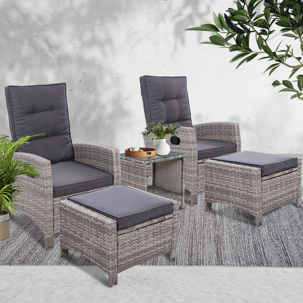 Gardeon 5PC Table Sun lounge Wicker Outdoor Furniture Adjustable Grey