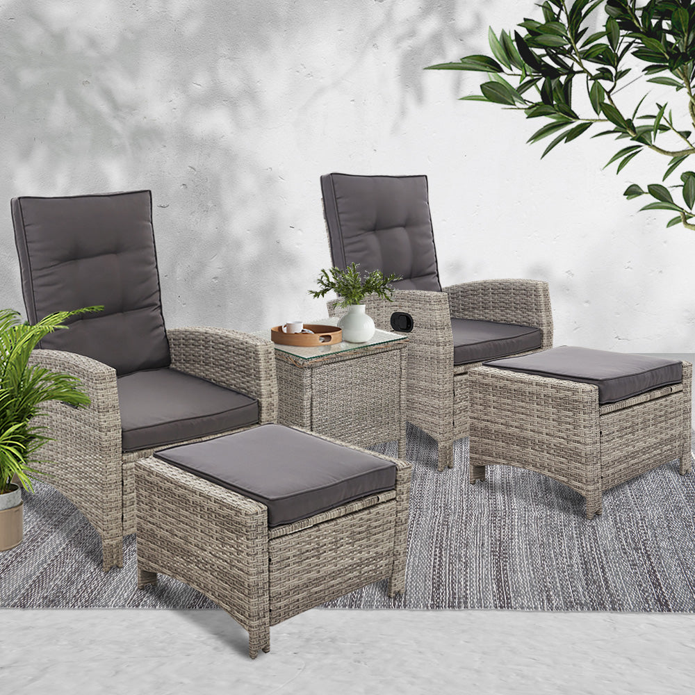 Gardeon 5PC Table Sun lounge Wicker Outdoor Furniture Adjustable Grey