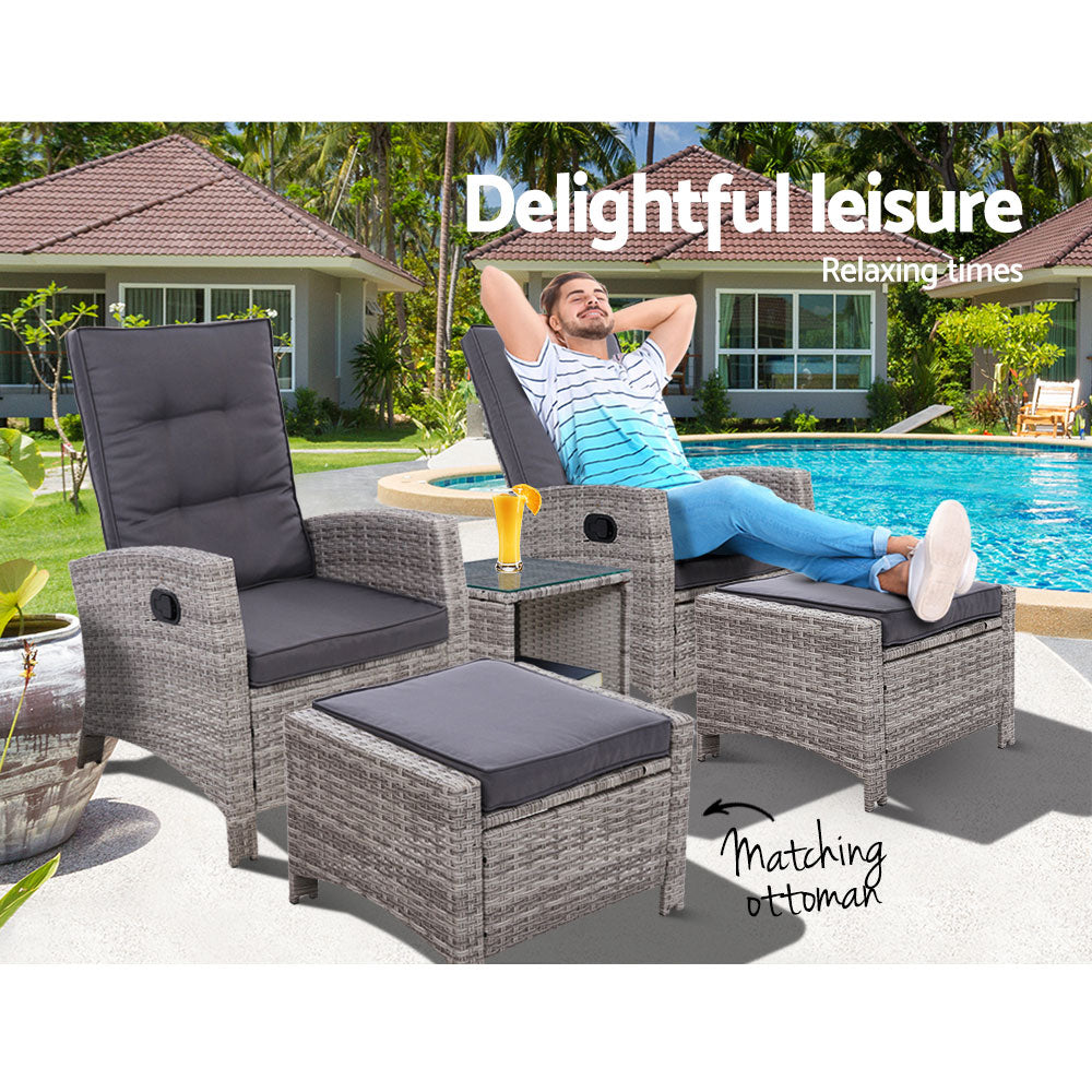 Gardeon 5PC Table Sun lounge Wicker Outdoor Furniture Adjustable Grey