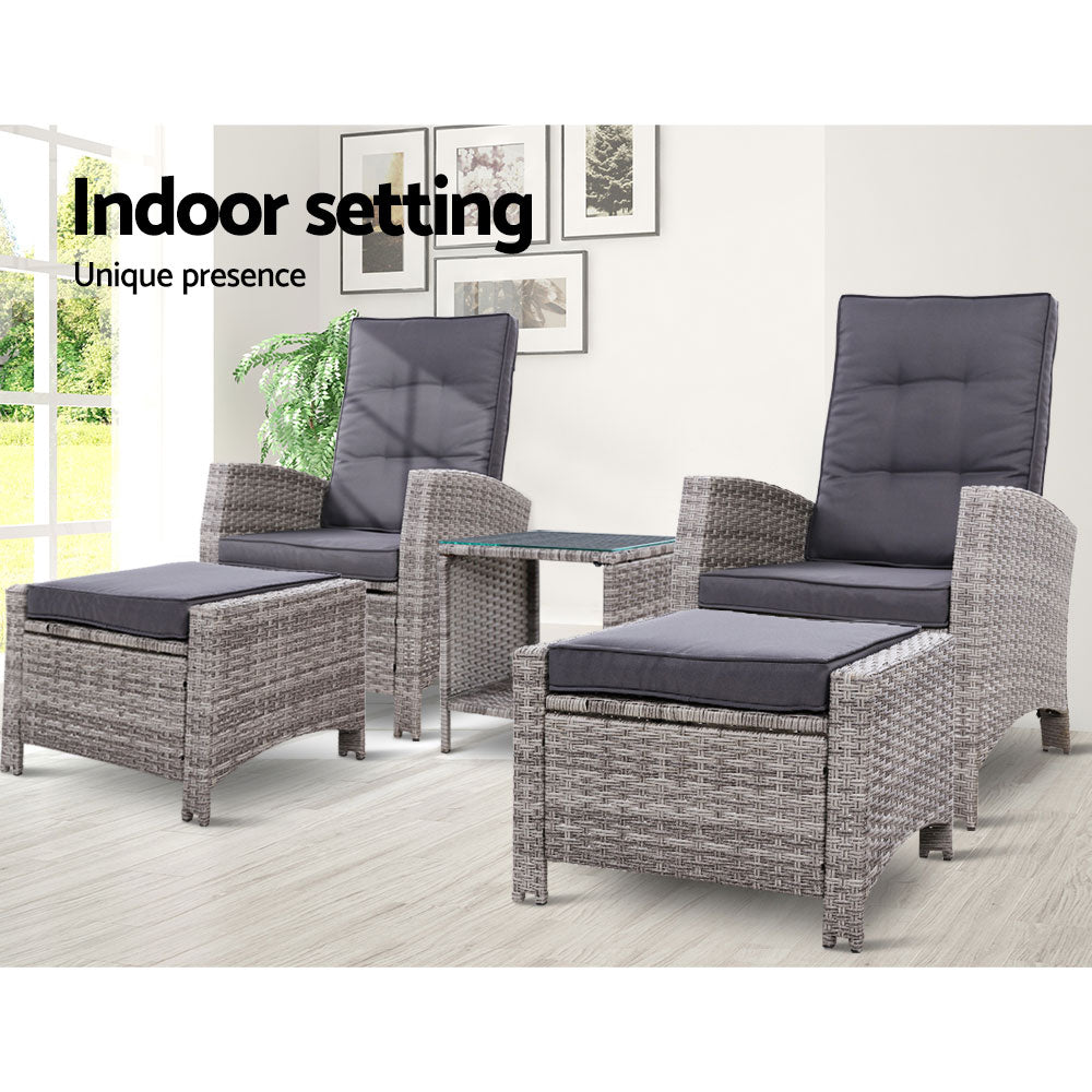 Gardeon 5PC Table Sun lounge Wicker Outdoor Furniture Adjustable Grey