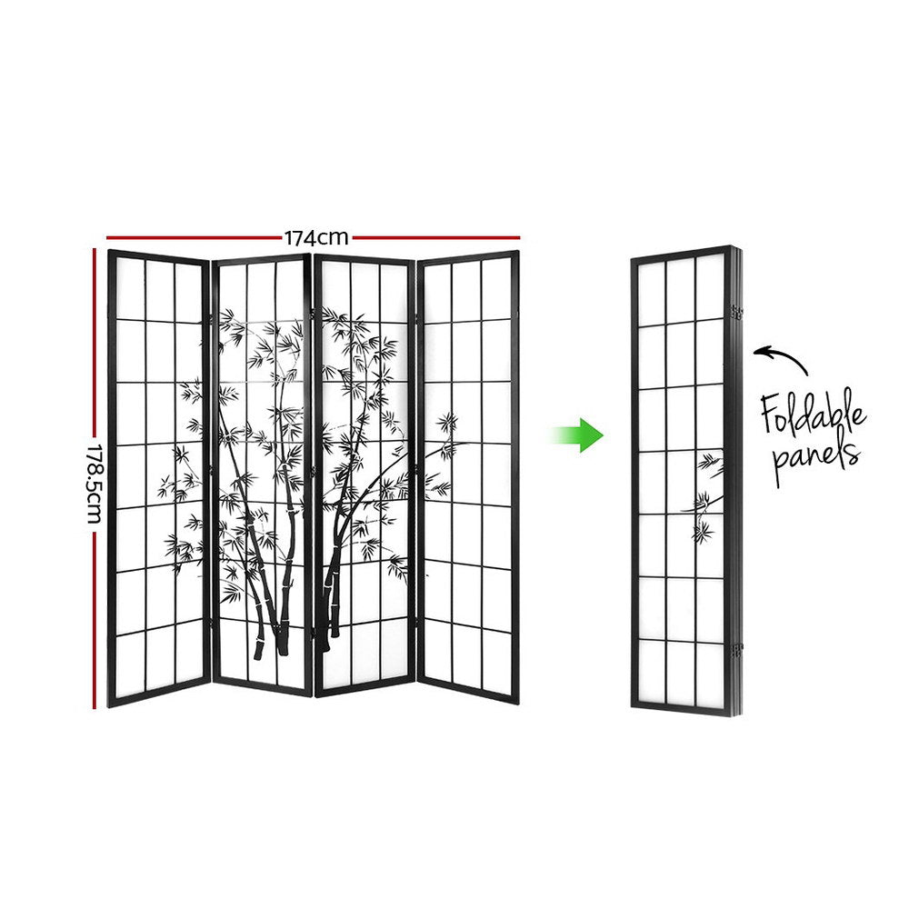 4 Panel Shoji Bamboo Room Divider Screen Black 174x178.5cm
