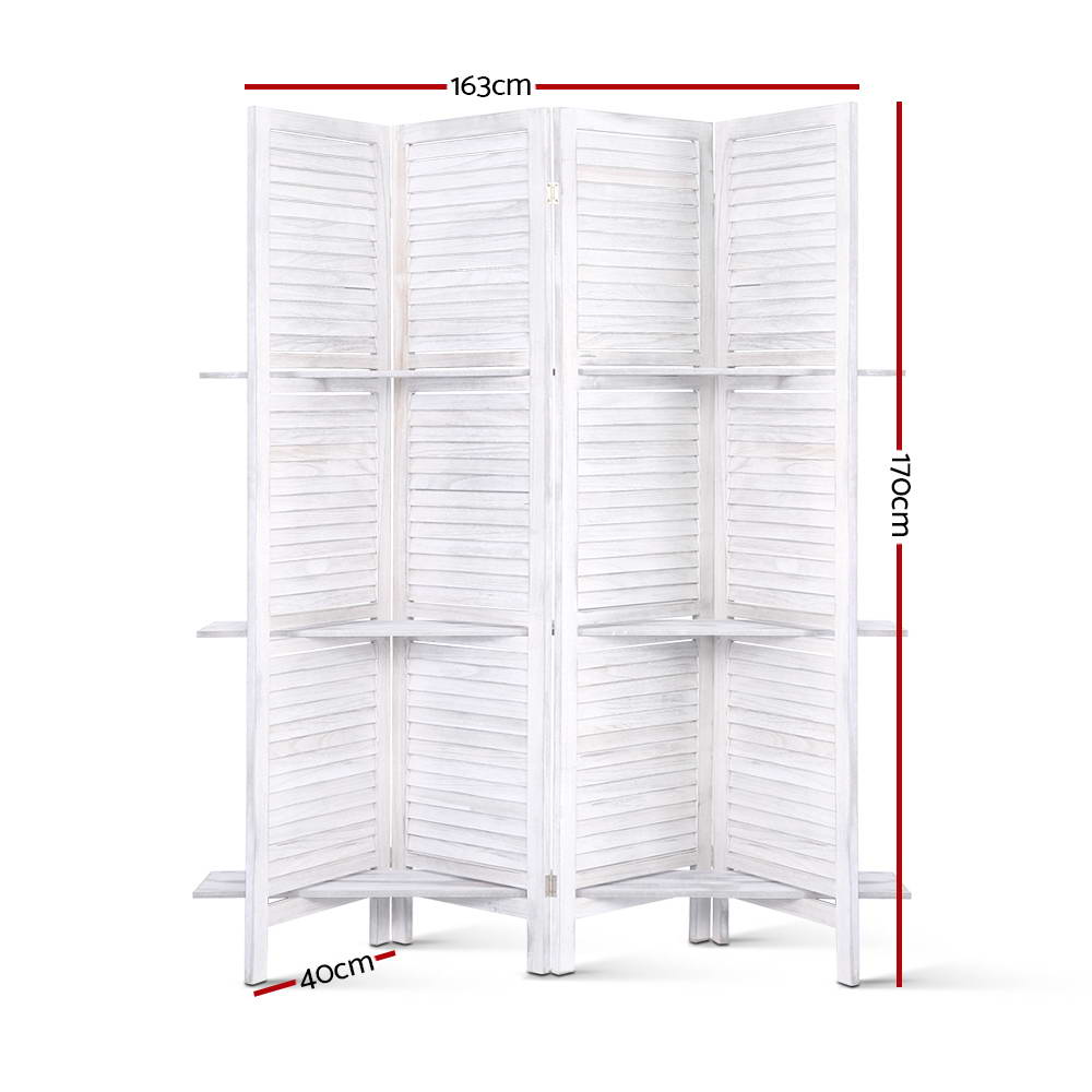 4 Panel Room Divider Screen 163x170cm White Slatted