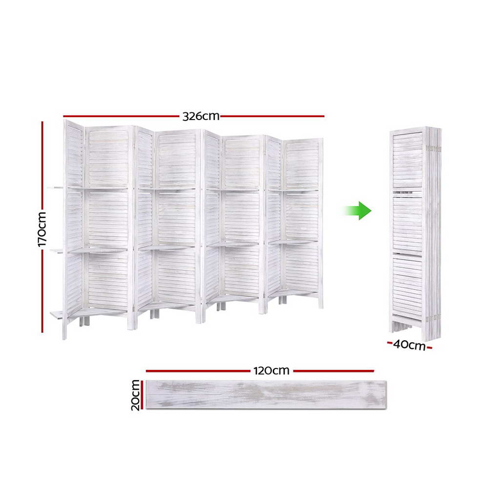 8 Panel Room Divider Screen Slatted White