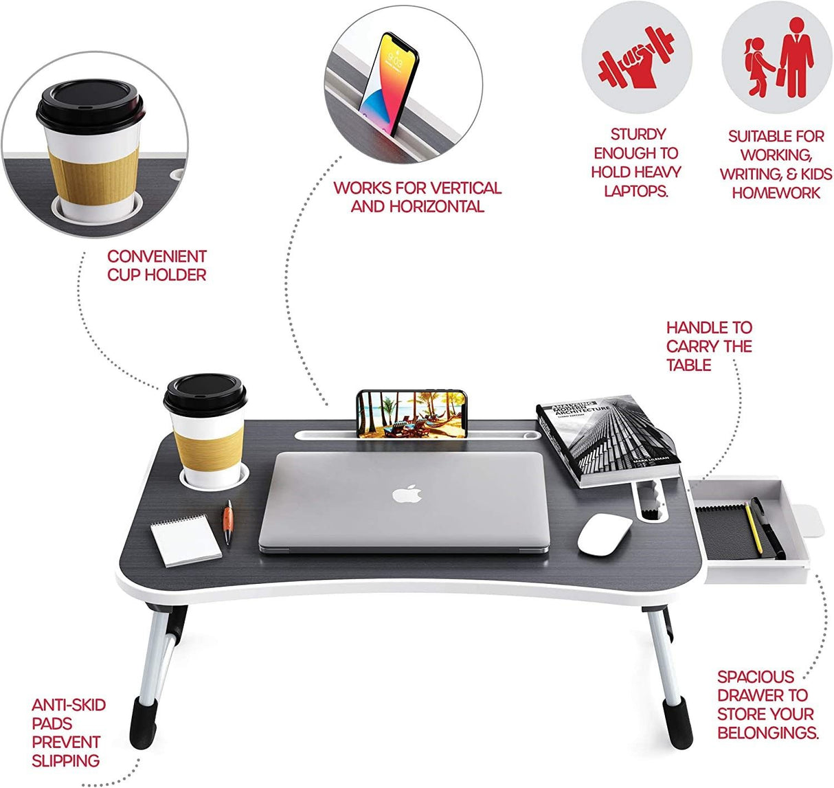 Laptop Bed Desk with Storage and foldable legs
