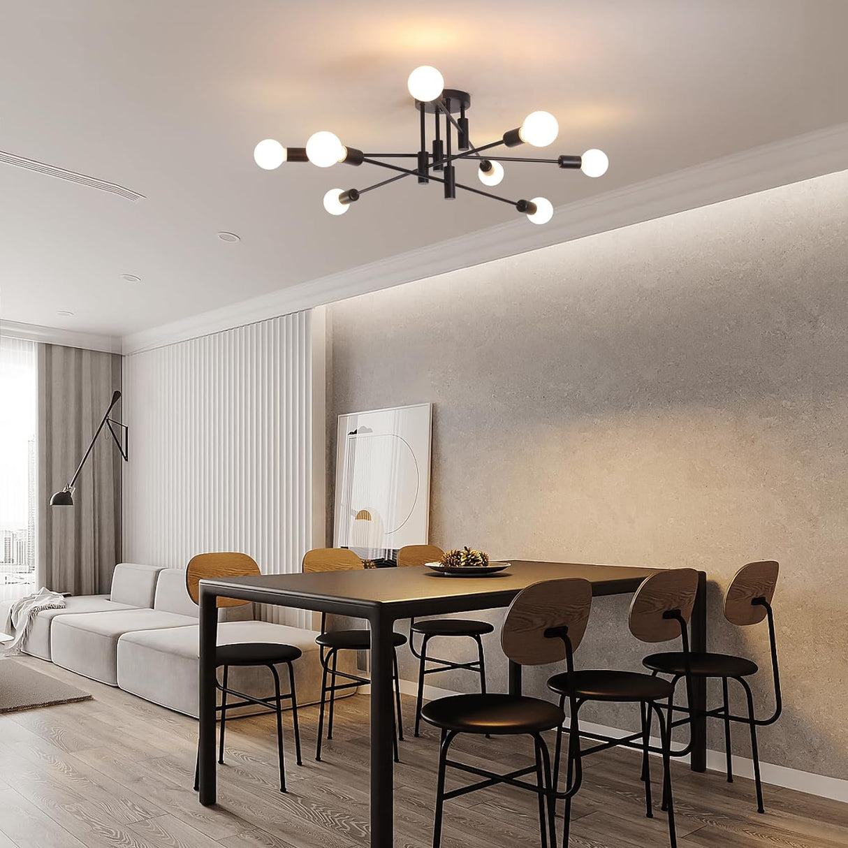 Ember Semi Flush Chandelier, 8 Light, Black