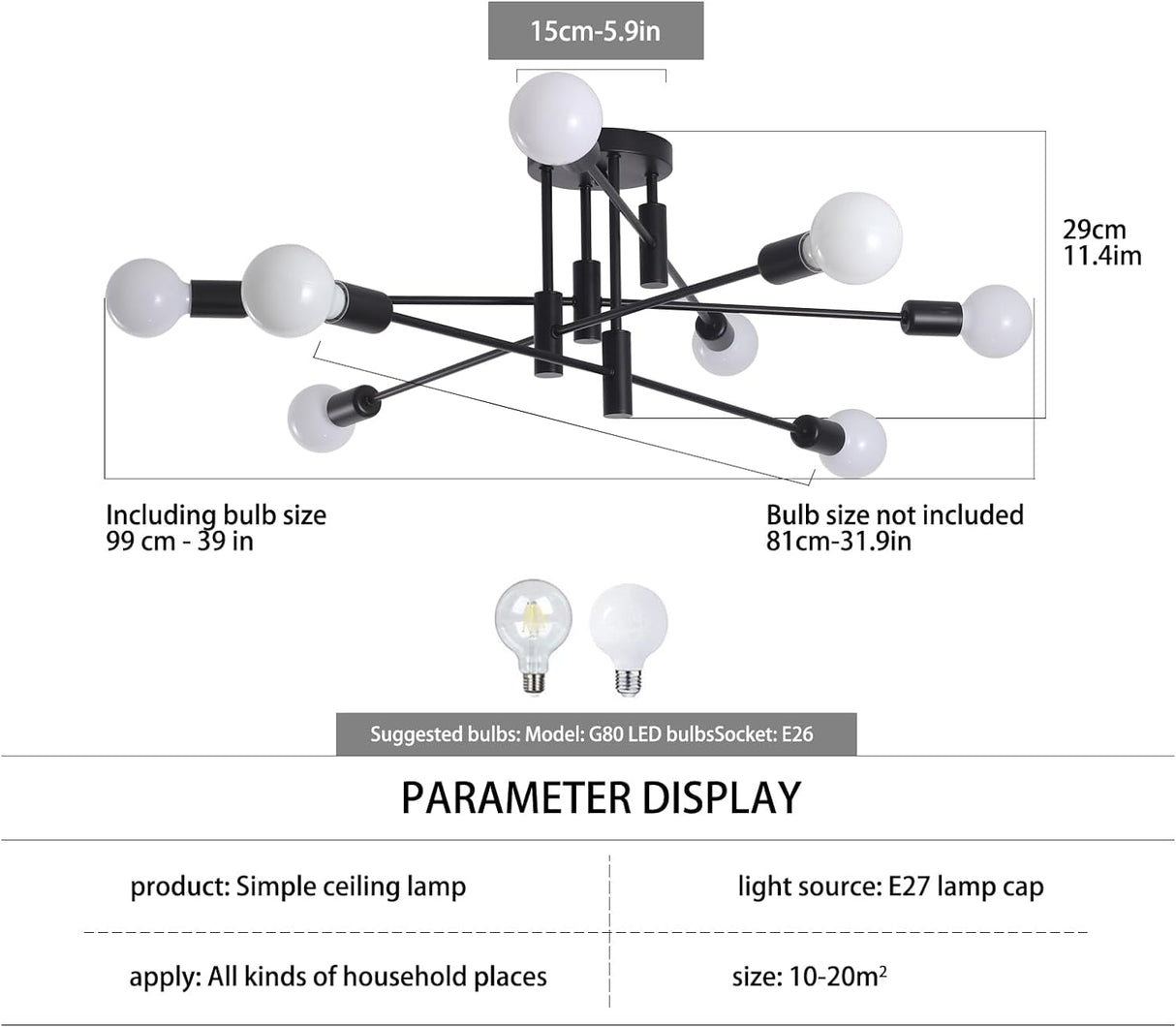 Ember Semi Flush Chandelier, 8 Light, Black