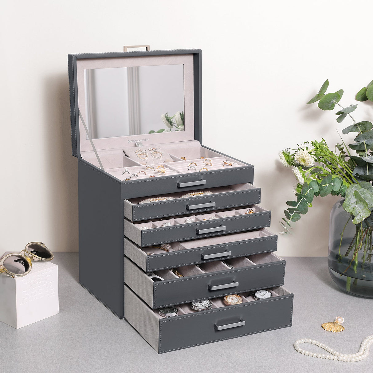 Jewellery Grey Box, 6 Layers, 5 Drawers