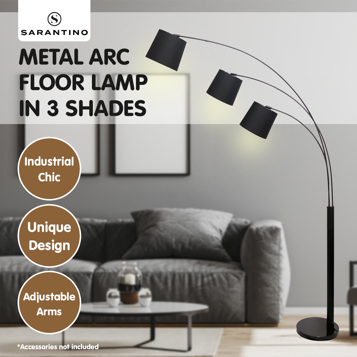 Ember 3-Light Arc Floor Lamp Adjustable Black 3 Shades
