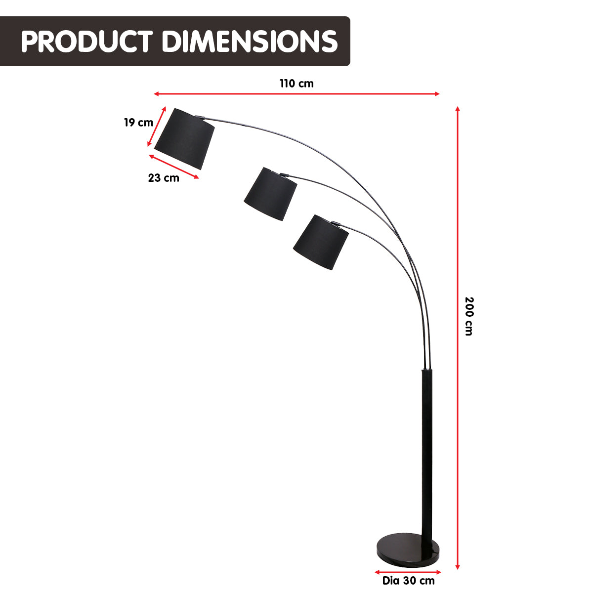 Ember 3-Light Arc Floor Lamp Adjustable Black 3 Shades