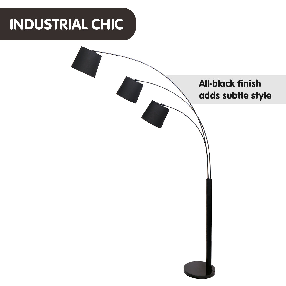 Ember 3-Light Arc Floor Lamp Adjustable Black 3 Shades