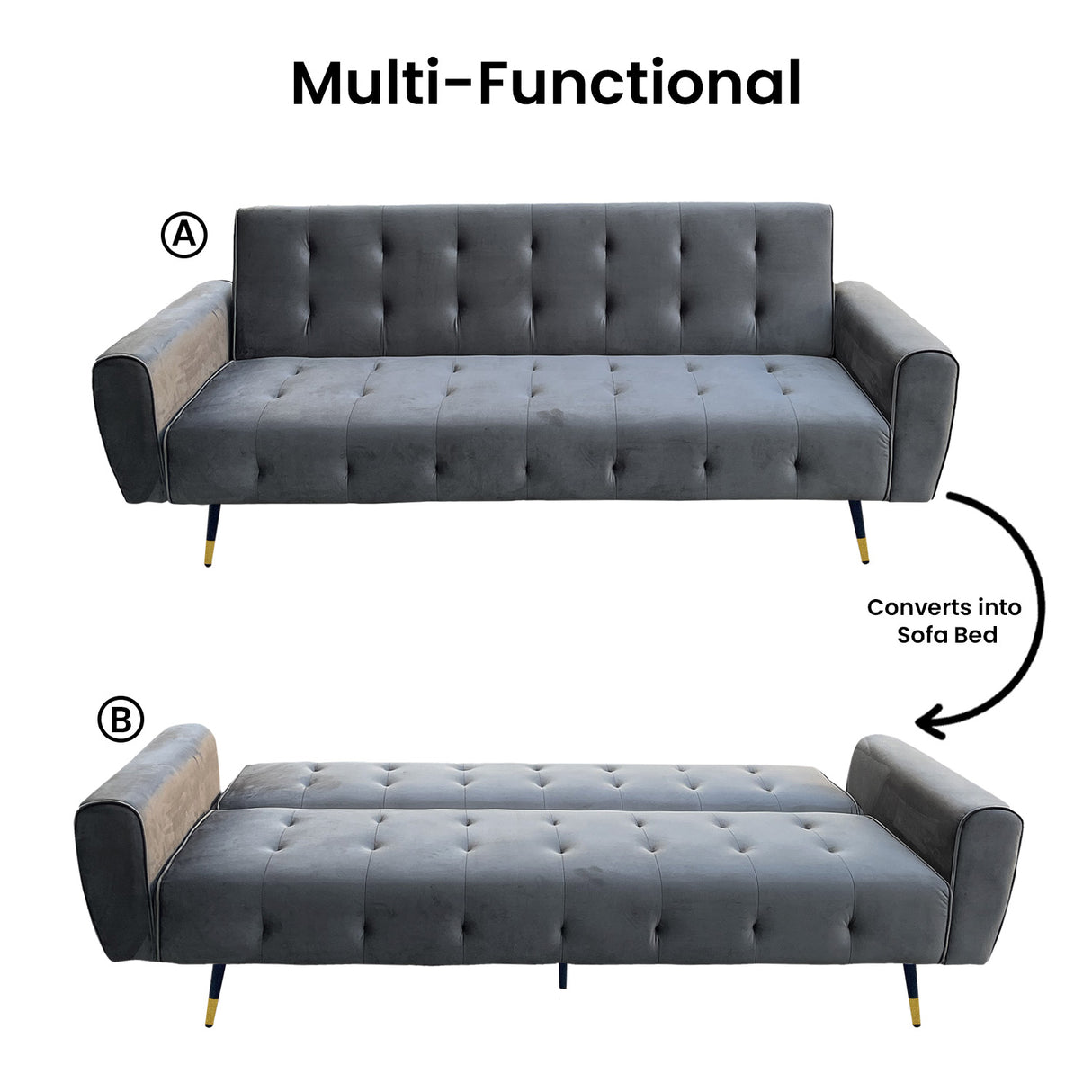 Sarantino Ava 3-seater Tufted Velvet Futon By Sarantino - Dark Grey