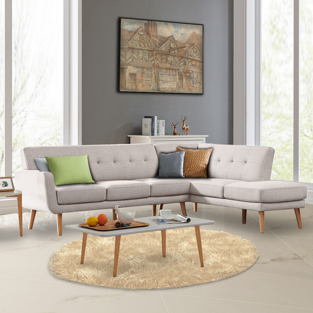 Ember Faux Linen Corner Sofa Lounge L-shaped Chaise Light Grey