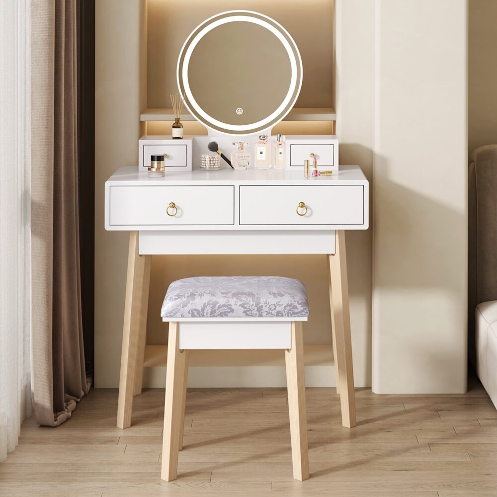 Ember Dressing Table/ Vanity Stool Set with Make-up LED Lighted Mirror-White