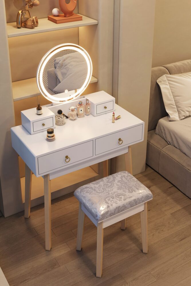 Ember Dressing Table/ Vanity Stool Set with Make-up LED Lighted Mirror-White