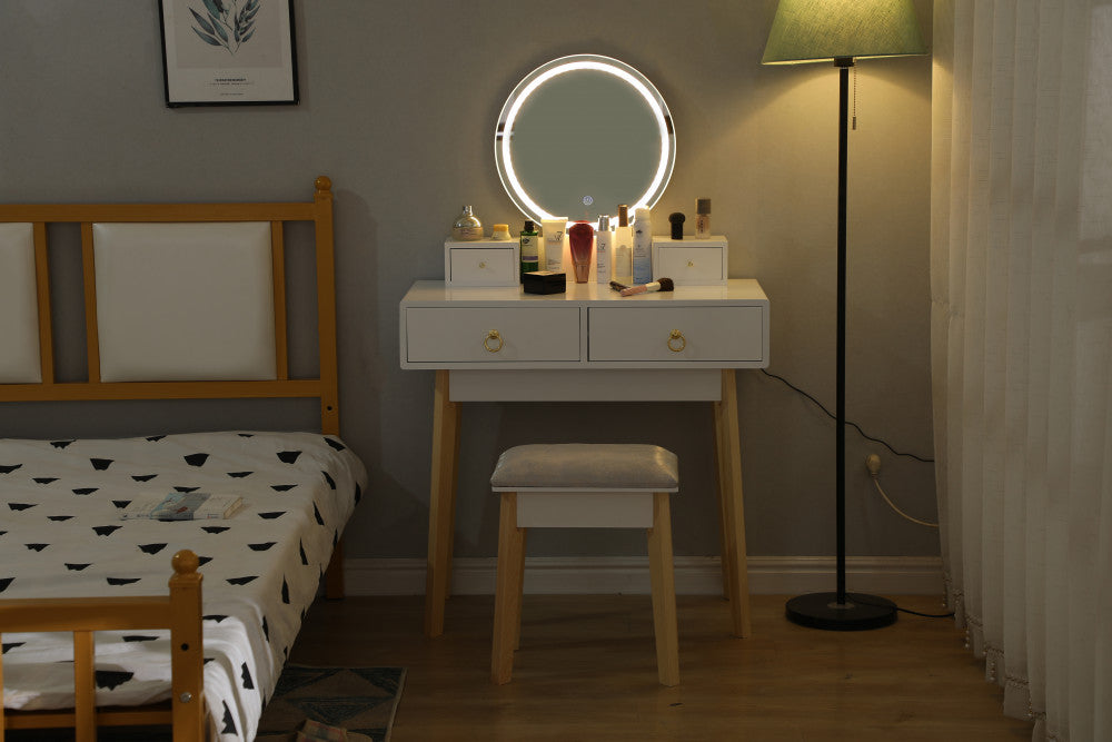 Ember Dressing Table/ Vanity Stool Set with Make-up LED Lighted Mirror-White
