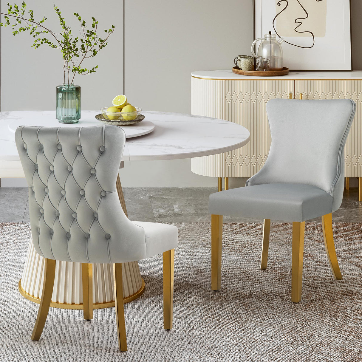 Set of 2 - Paris Light Grey Velvet & Gold Polished Steel Upholstered Dining Chairs Tufted Back