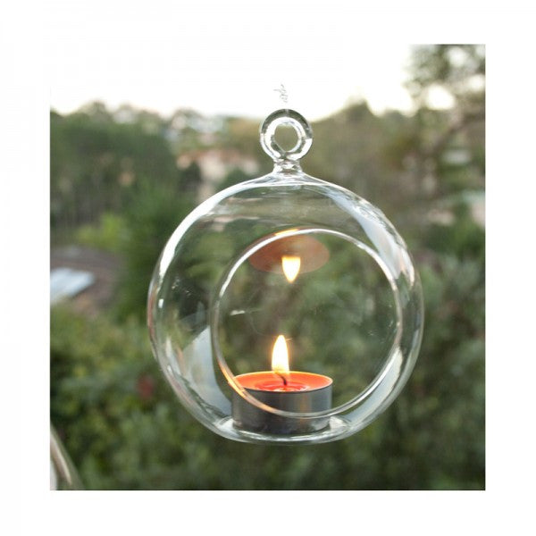 4 x Hanging Clear Glass Ball Tealight Candle Holder - 8cm Diameter / High - Wedding Globe Decoration Terrarium Succulent Plant Mini Garden Holder Decor Craft Gift