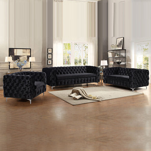 3+2+1 Ember Seater Sofa Classic Button Tufted Lounge in Black Velvet Fabric with Metal Legs