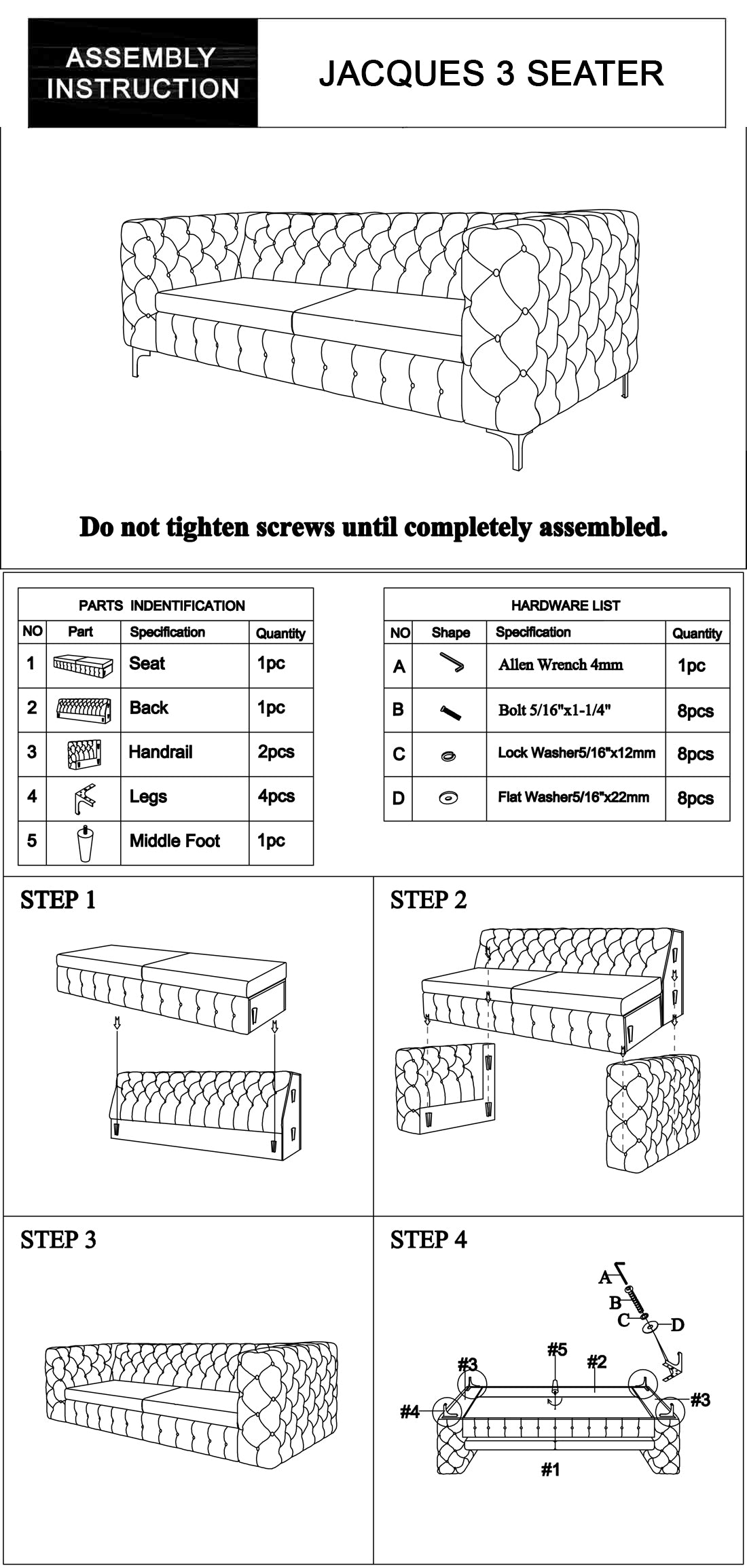 Ember 3 Seater Sofa Classic Button Tufted Lounge in Black Velvet Fabric with Metal Legs