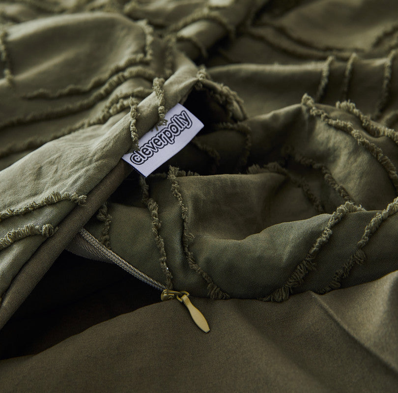 100% Premium Tufted Microfibre Quilt Cover Set - Ultra-Soft, Durable Embroidery Bedding Comforter Set - Machine Washable & Zipper Closure - Khaki Green - Double