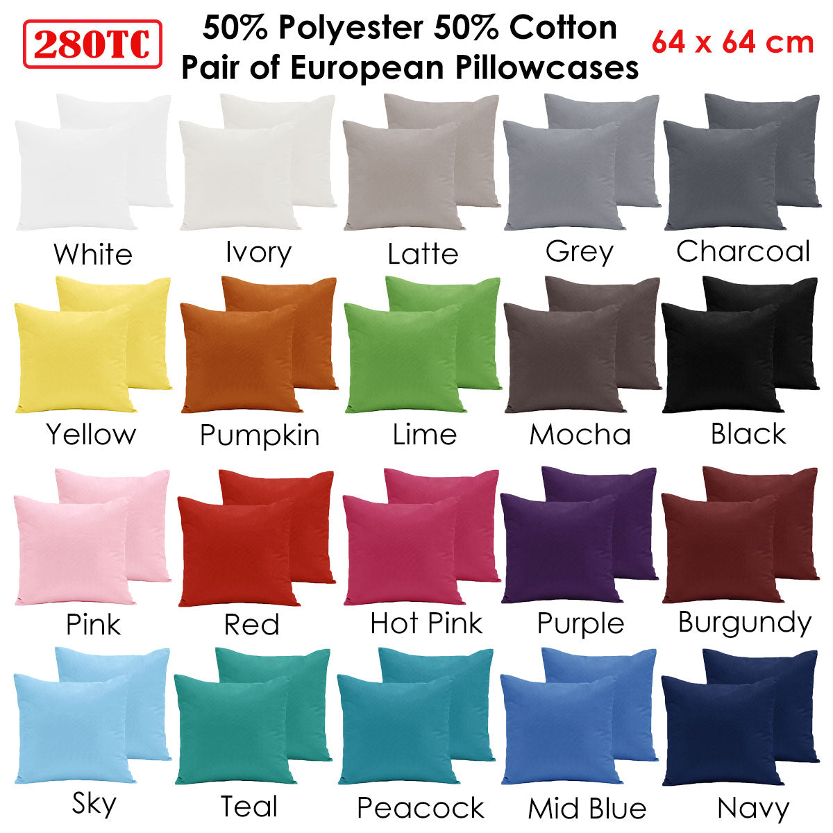 Pair of 280TC Polyester Cotton European Pillowcases Sky