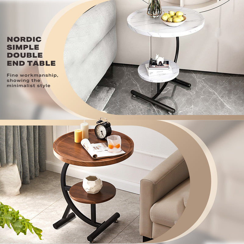 2 Tier Table Sofa Side End Table Round with Sturdy Metal Frame