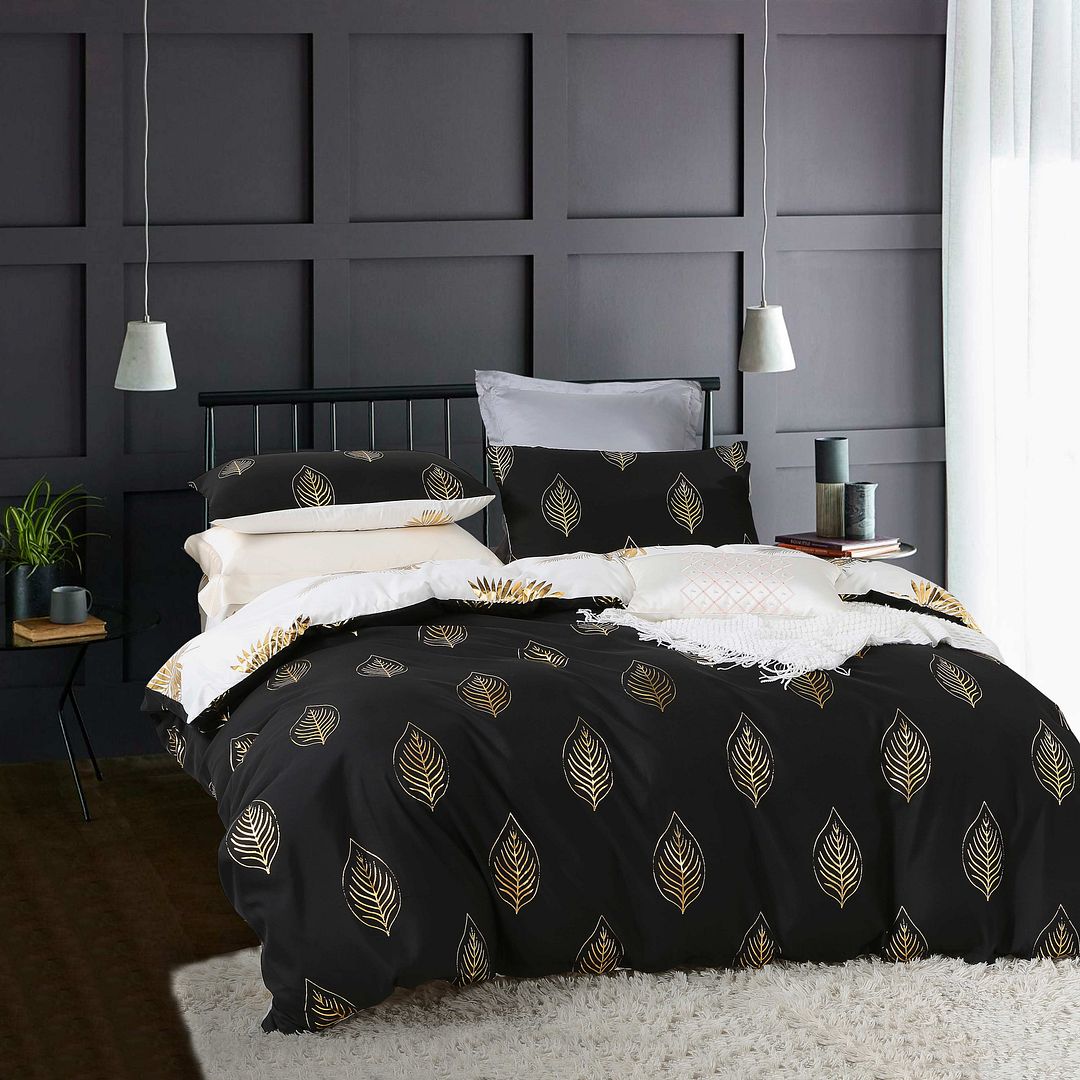 Reversible Design Super King Size Black Gold Duvet Quilt Cover Set