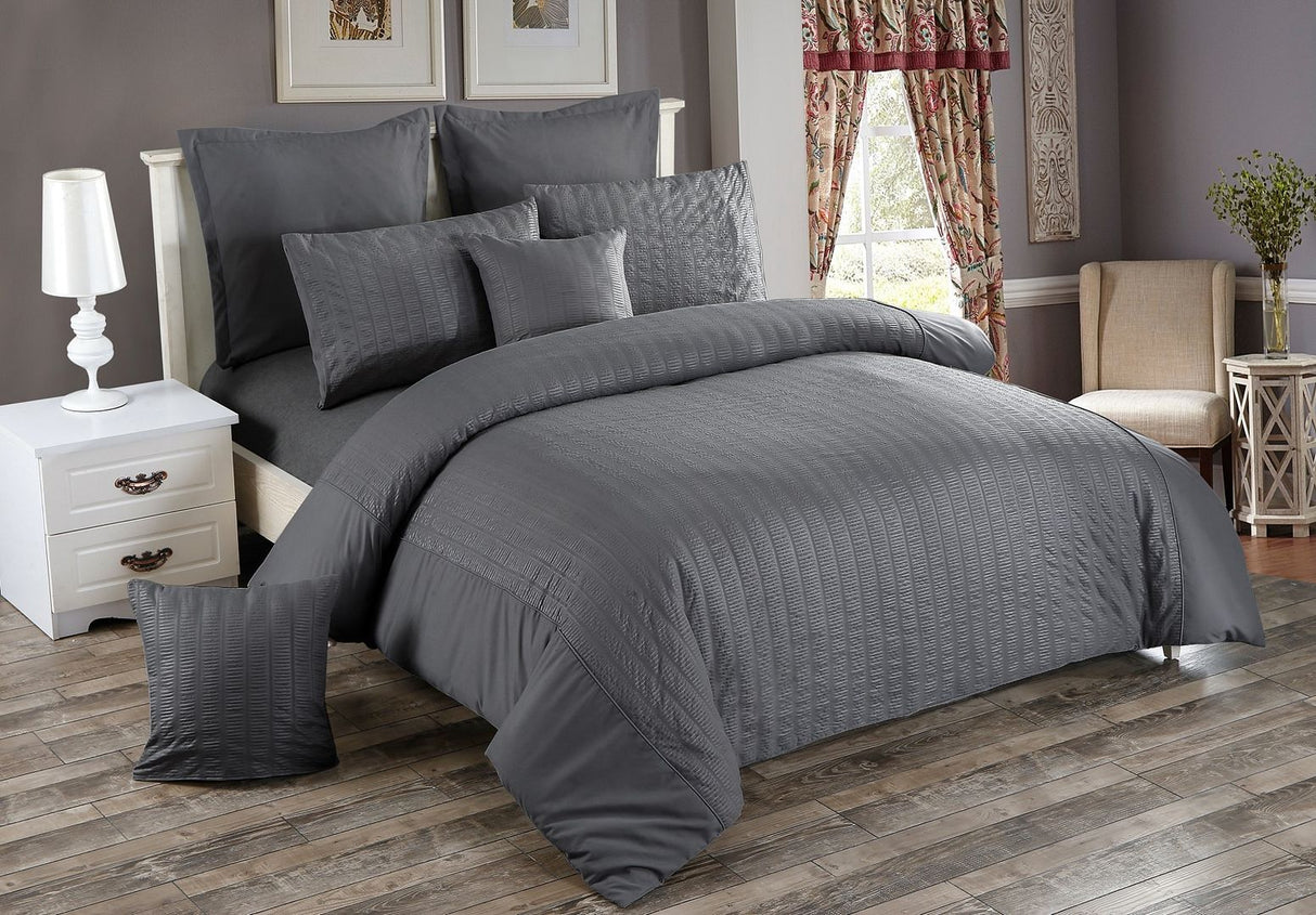 Seersucker Super King Size Charcoal Duvet Quilt Cover Set