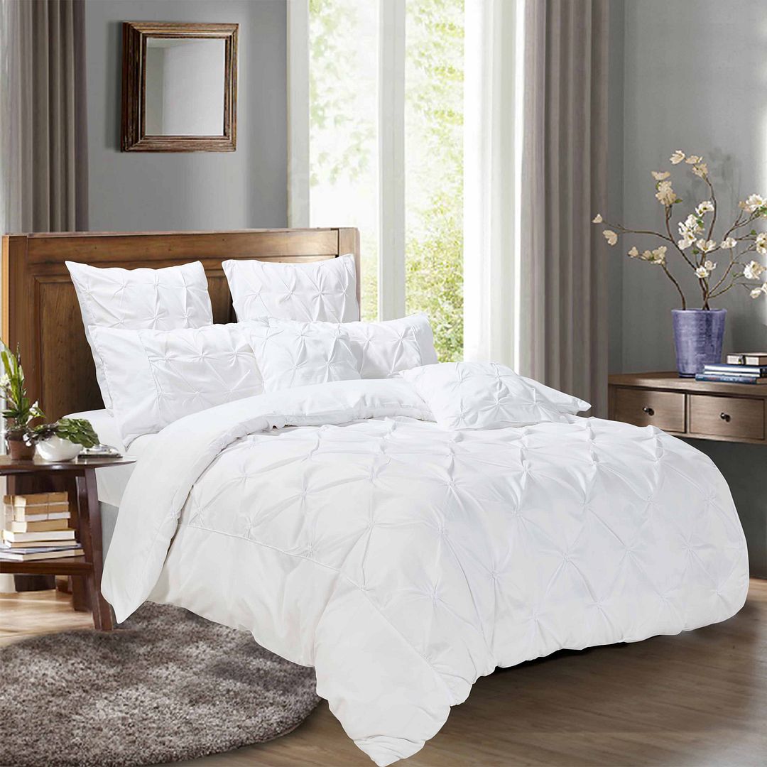 Diamond Pintuck Queen Size White Duvet Quilt Cover Set