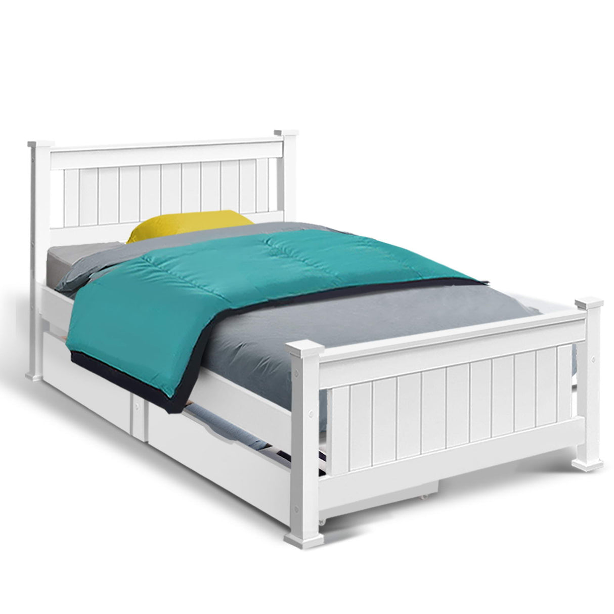 Rio White Single Wooden Bed Frame with 2x Trundle Drawer