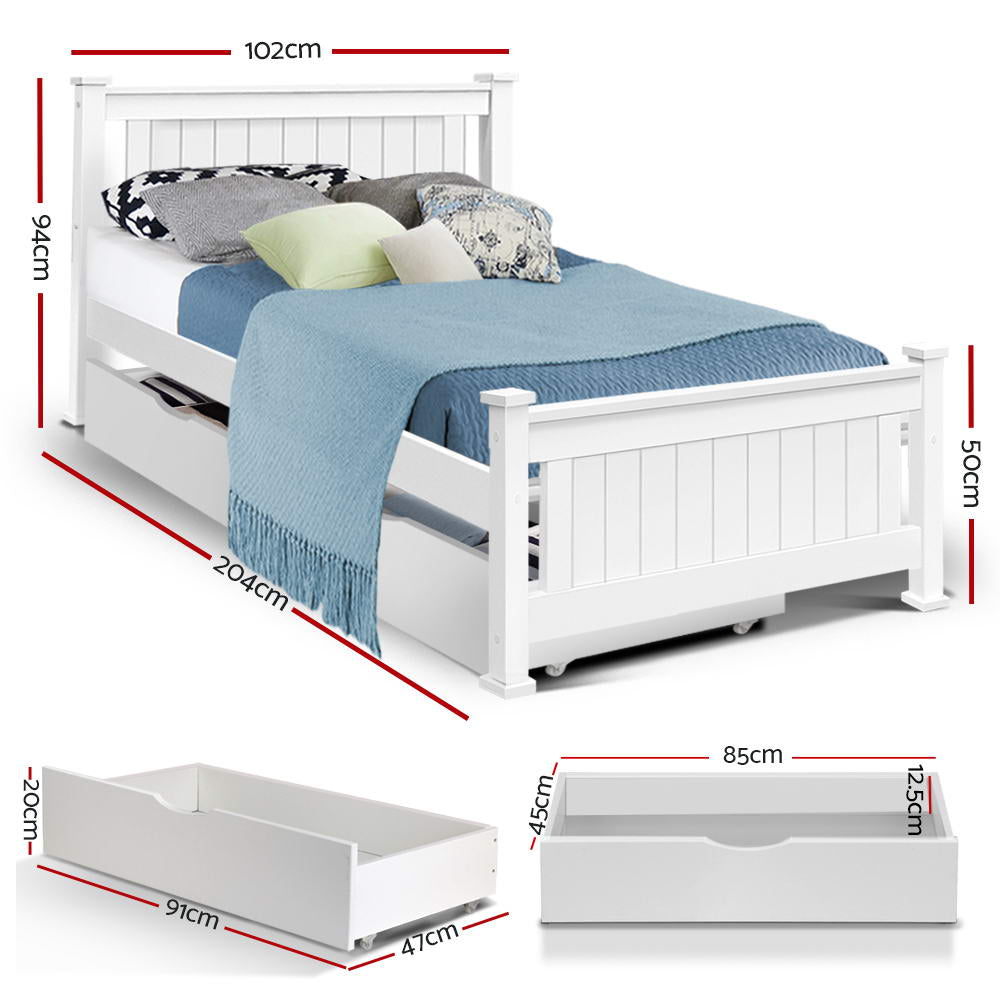 Rio White Single Wooden Bed Frame with 2x Trundle Drawer