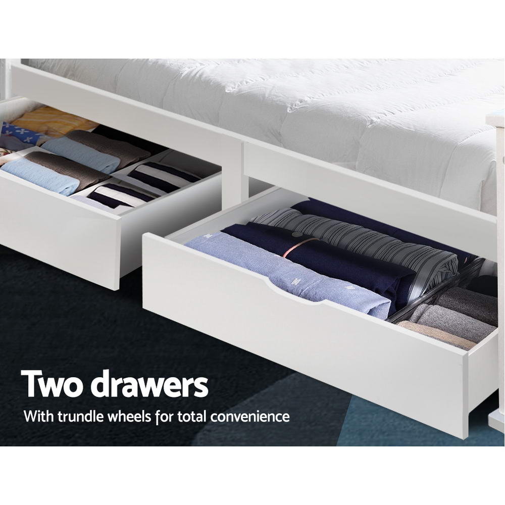 Rio White Single Wooden Bed Frame with 2x Trundle Drawer