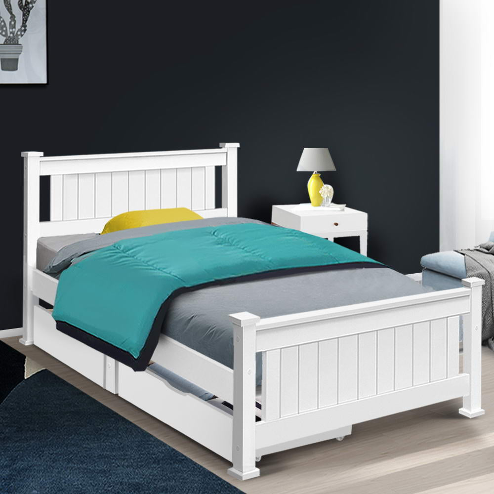 Rio White Single Wooden Bed Frame with 2x Trundle Drawer