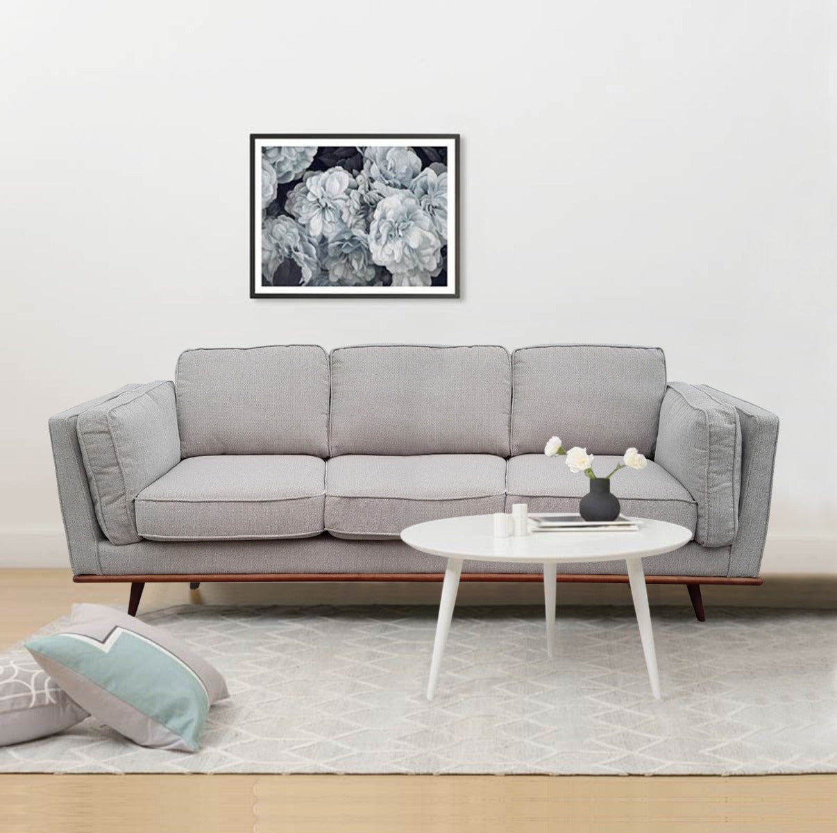Ember 3 Seater Sofa Beige Fabric Modern Lounge Set for Living Room Couch with Wooden Frame